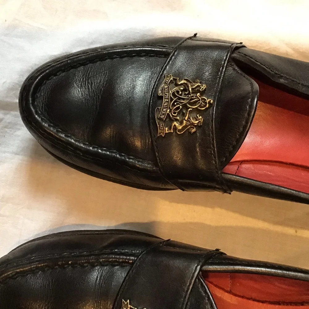 Vintage Ralph Lauren Black Leather Loafers Gold Crest Benchmade in Maine USA 8.5